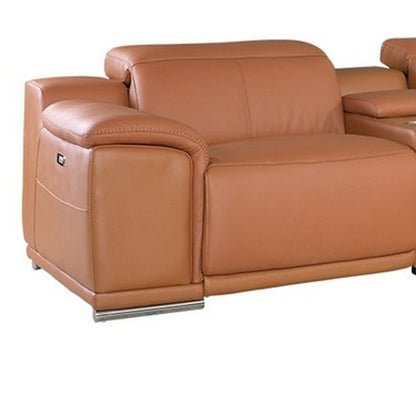 Camel Italian Leather Power Reclining U Shaped Seven Piece Corner Sectional With Console HomeRoots