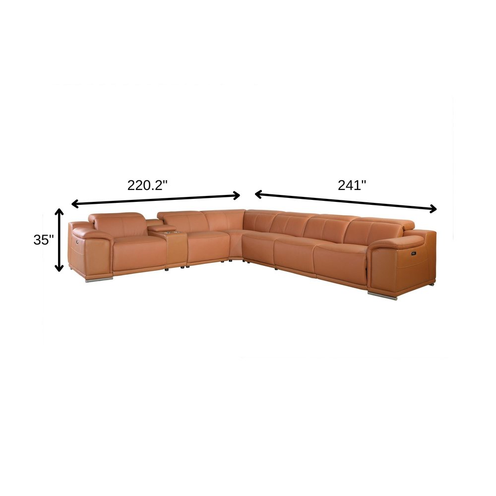 Camel Italian Leather Power Reclining U Shaped Seven Piece Corner Sectional With Console HomeRoots