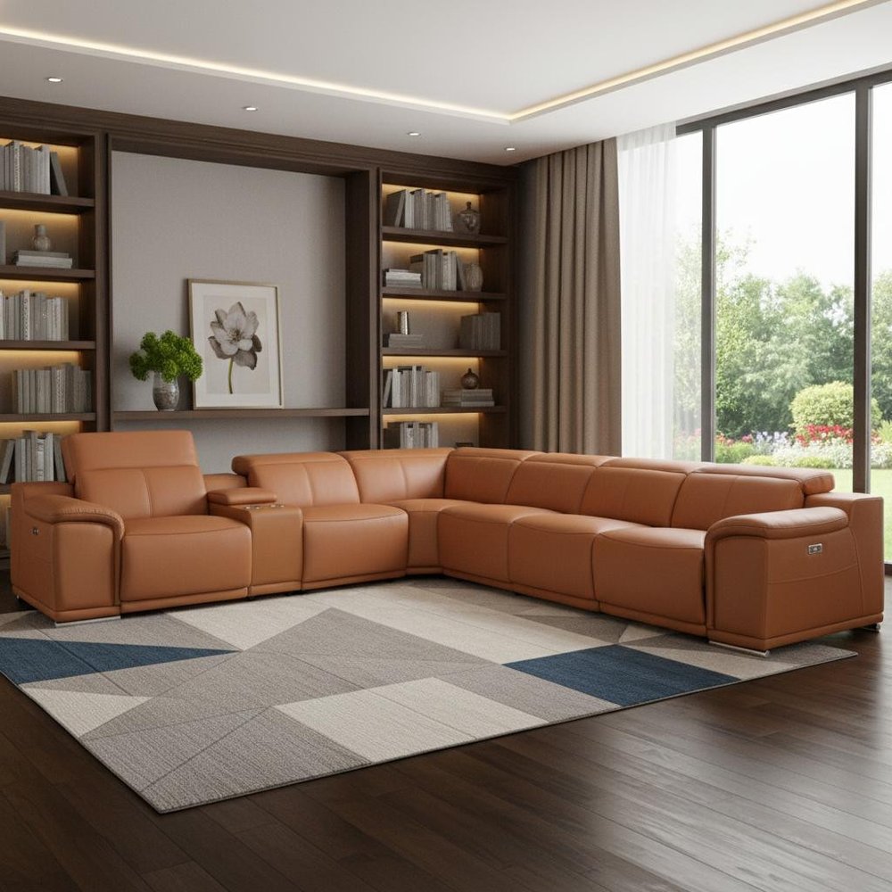 Camel Italian Leather Power Reclining U Shaped Seven Piece Corner Sectional With Console HomeRoots