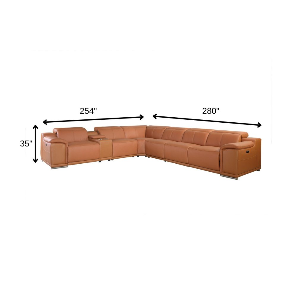 Camel Italian Leather Power Reclining U Shaped Seven Piece Corner Sectional With Console HomeRoots