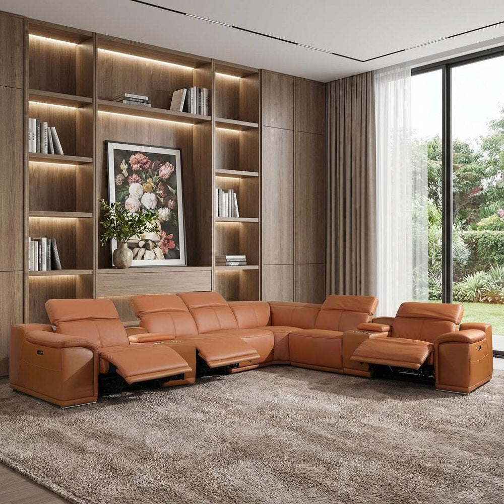 Camel Italian Leather Power Reclining U Shaped Eight Piece Corner Sectional With Console HomeRoots