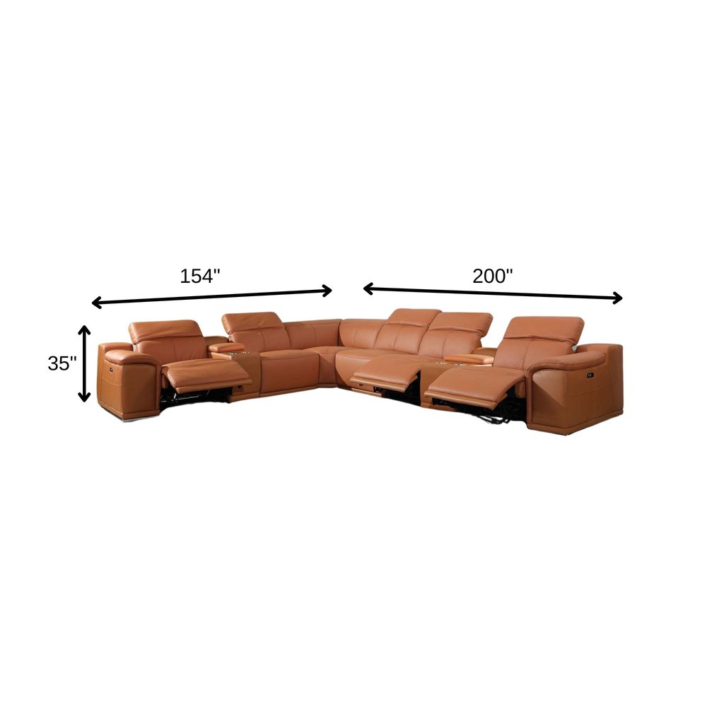Camel Italian Leather Power Reclining U Shaped Eight Piece Corner Sectional With Console HomeRoots