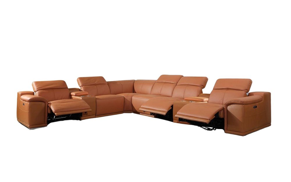 Camel Italian Leather Power Reclining U Shaped Eight Piece Corner Sectional With Console HomeRoots