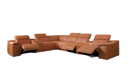 Camel Italian Leather Power Reclining U Shaped Eight Piece Corner Sectional With Console HomeRoots