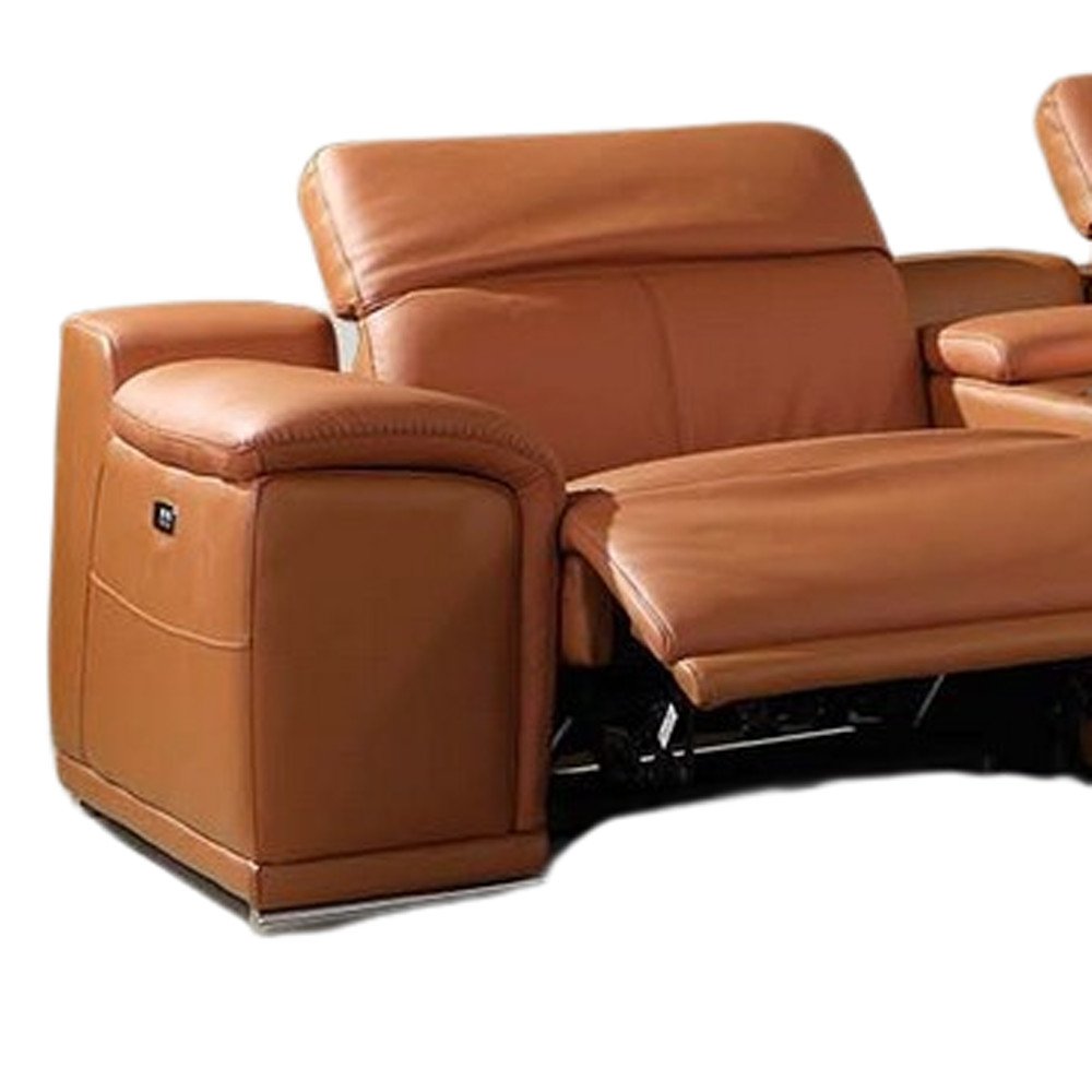 Camel Italian Leather Power Reclining U Shaped Eight Piece Corner Sectional With Console HomeRoots