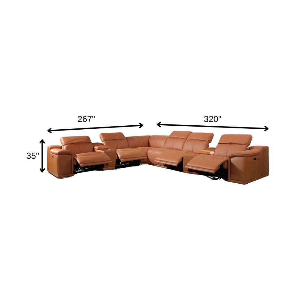 Camel Italian Leather Power Reclining U Shaped Eight Piece Corner Sectional With Console HomeRoots