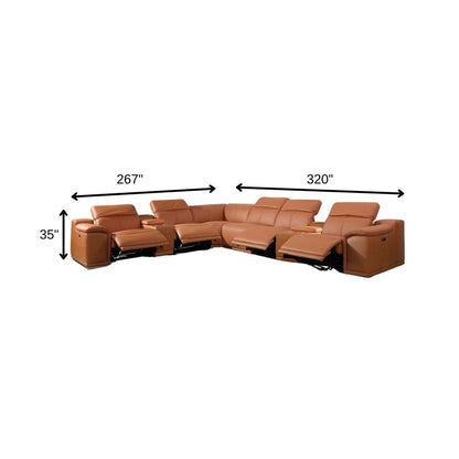 Camel Italian Leather Power Reclining U Shaped Eight Piece Corner Sectional With Console HomeRoots
