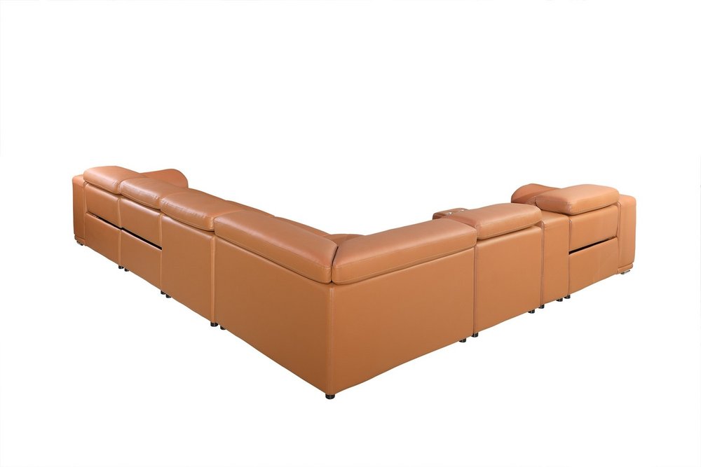 Camel Italian Leather Power Reclining U Shaped Eight Piece Corner Sectional With Console HomeRoots