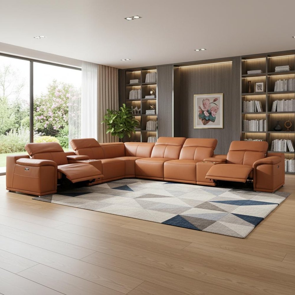 Camel Italian Leather Power Reclining U Shaped Eight Piece Corner Sectional With Console HomeRoots