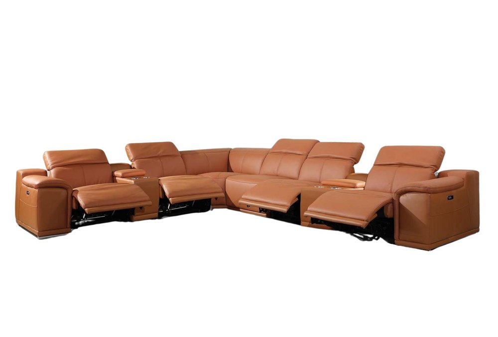 Camel Italian Leather Power Reclining U Shaped Eight Piece Corner Sectional With Console HomeRoots