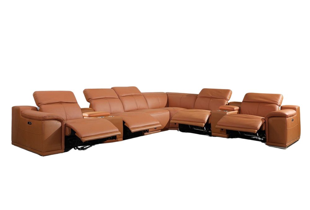 Camel Italian Leather Power Reclining U Shaped Eight Piece Corner Sectional With Console HomeRoots