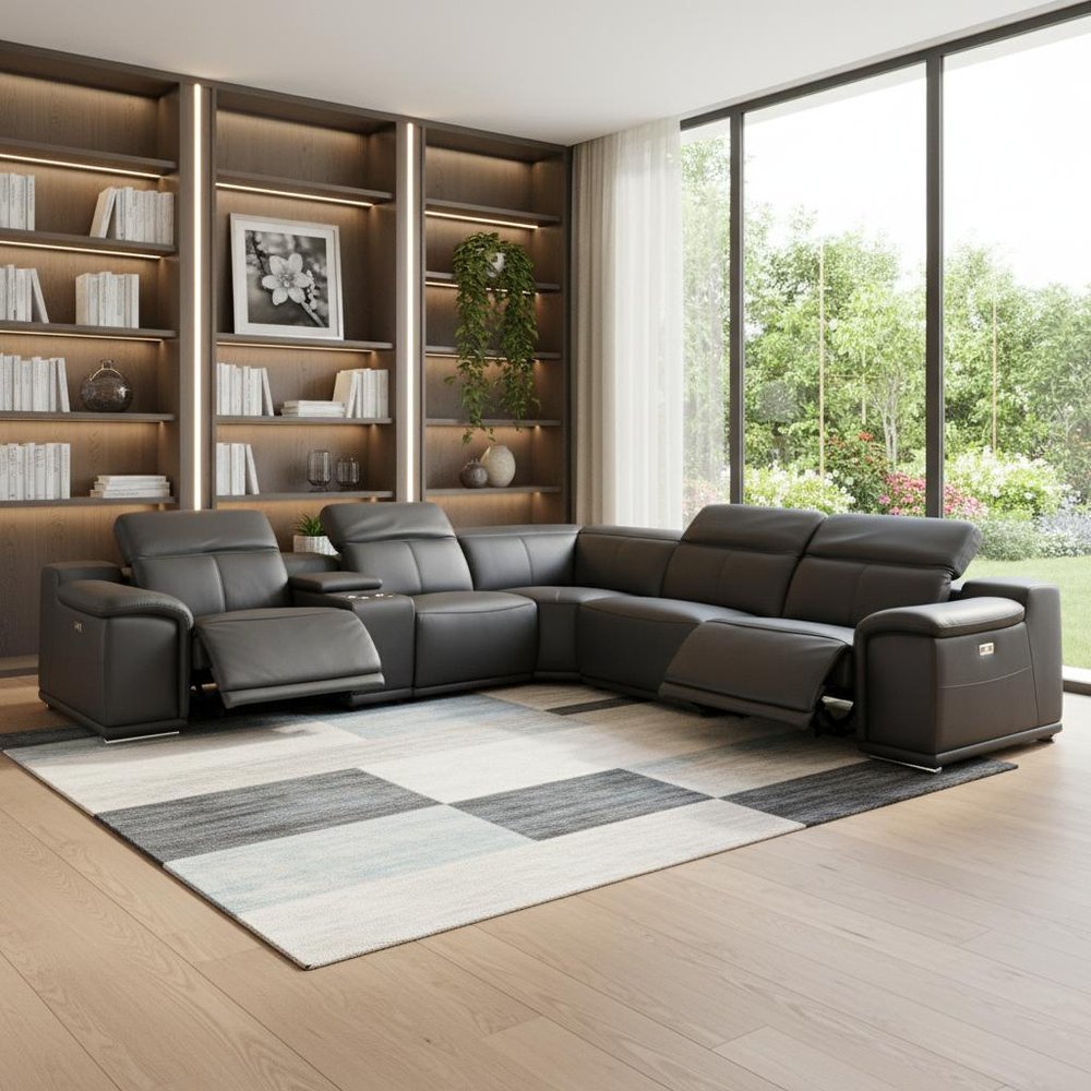 Gray Italian Leather Power Reclining U Shaped Six Piece Corner Sectional With Console HomeRoots