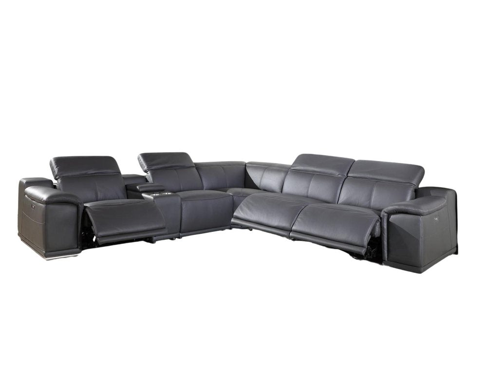 Gray Italian Leather Power Reclining U Shaped Six Piece Corner Sectional With Console HomeRoots