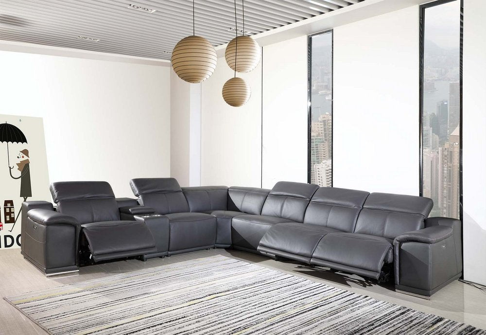 Gray Italian Leather Power Reclining U Shaped Seven Piece Corner Sectional With Console HomeRoots