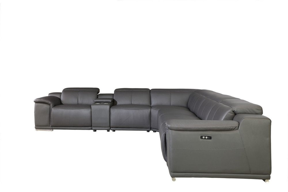 Gray Italian Leather Power Reclining U Shaped Seven Piece Corner Sectional With Console HomeRoots