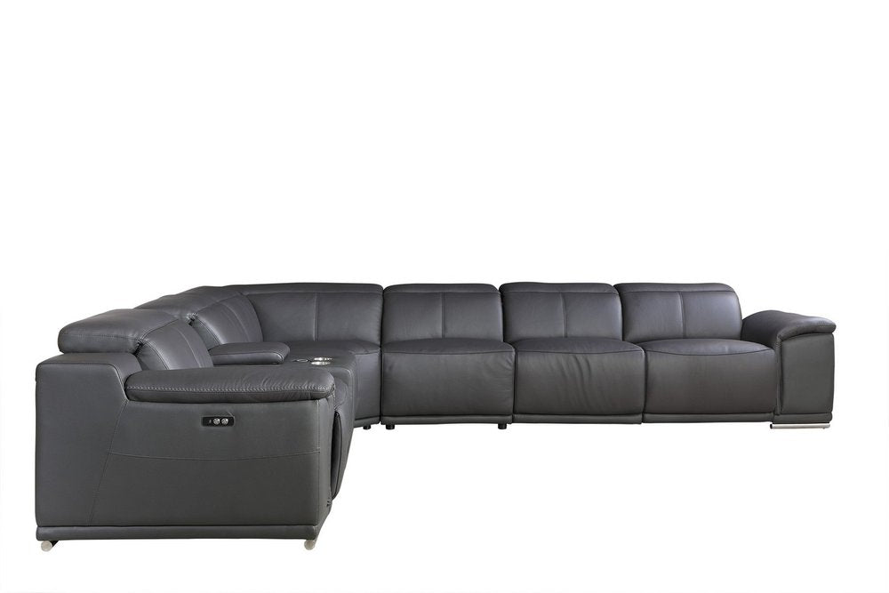Gray Italian Leather Power Reclining U Shaped Seven Piece Corner Sectional With Console HomeRoots