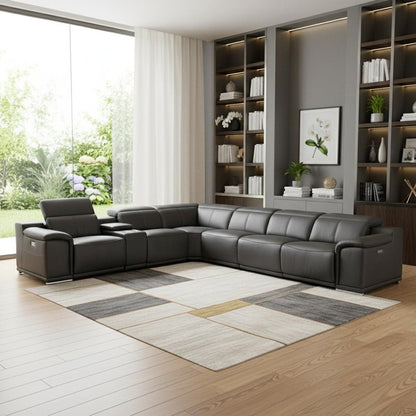Gray Italian Leather Power Reclining U Shaped Seven Piece Corner Sectional With Console HomeRoots