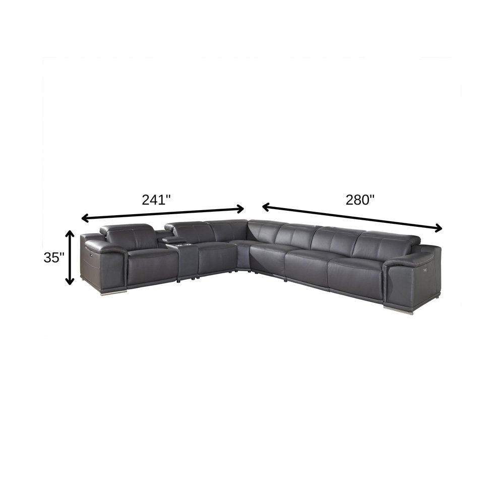 Gray Italian Leather Power Reclining U Shaped Seven Piece Corner Sectional With Console HomeRoots