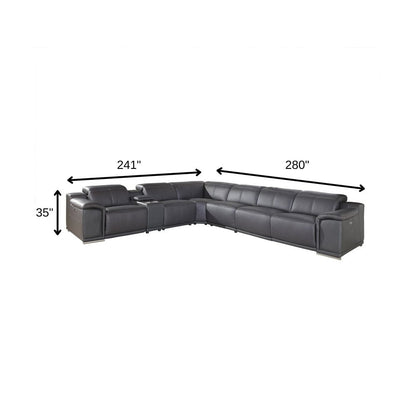 Gray Italian Leather Power Reclining U Shaped Seven Piece Corner Sectional With Console HomeRoots