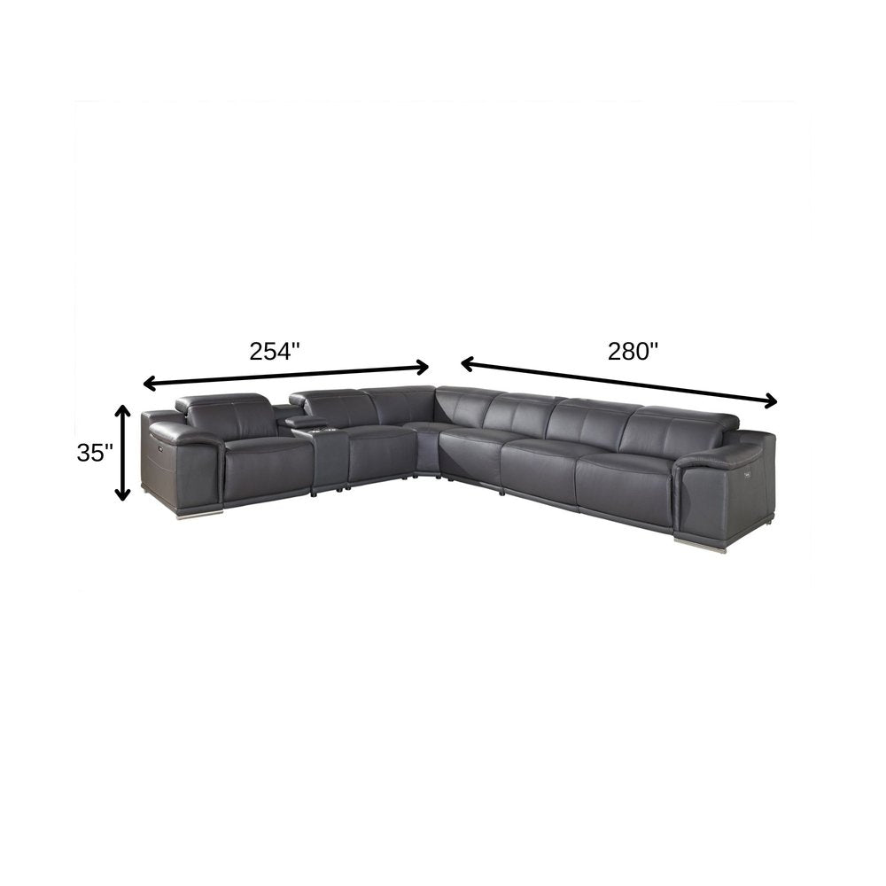 Gray Italian Leather Power Reclining U Shaped Seven Piece Corner Sectional With Console HomeRoots