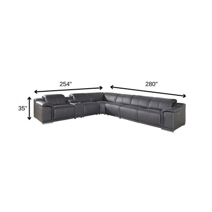 Gray Italian Leather Power Reclining U Shaped Seven Piece Corner Sectional With Console HomeRoots