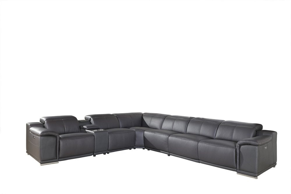 Gray Italian Leather Power Reclining U Shaped Seven Piece Corner Sectional With Console HomeRoots