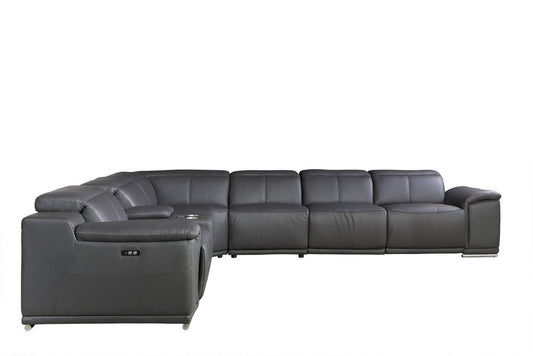 Gray Italian Leather Power Reclining U Shaped Seven Piece Corner Sectional With Console HomeRoots