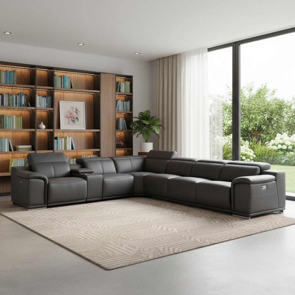 Gray Italian Leather Power Reclining U Shaped Seven Piece Corner Sectional With Console HomeRoots