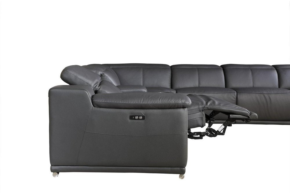 Gray Italian Leather Power Reclining U Shaped Eight Piece Corner Sectional With Console HomeRoots