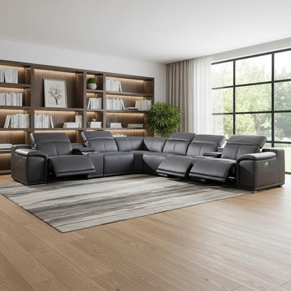 Gray Italian Leather Power Reclining U Shaped Eight Piece Corner Sectional With Console HomeRoots