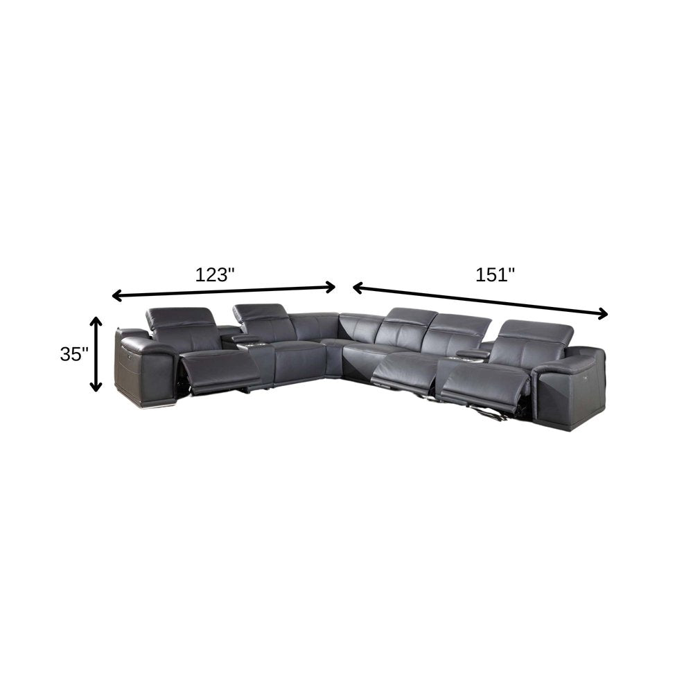 Gray Italian Leather Power Reclining U Shaped Eight Piece Corner Sectional With Console HomeRoots