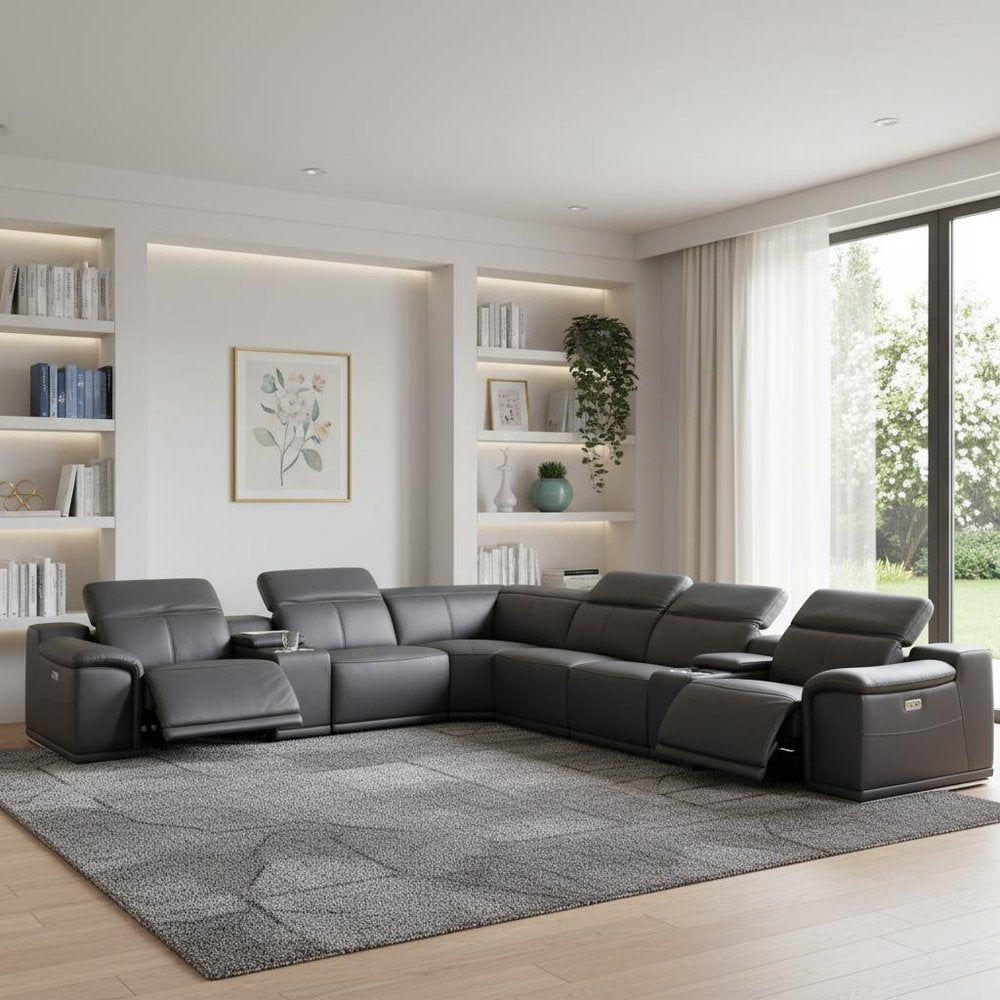 Gray Italian Leather Power Reclining U Shaped Eight Piece Corner Sectional With Console HomeRoots