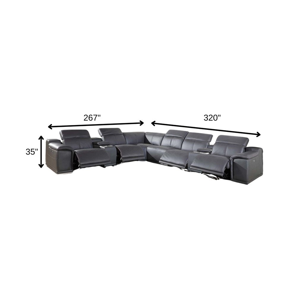 Gray Italian Leather Power Reclining U Shaped Eight Piece Corner Sectional With Console HomeRoots