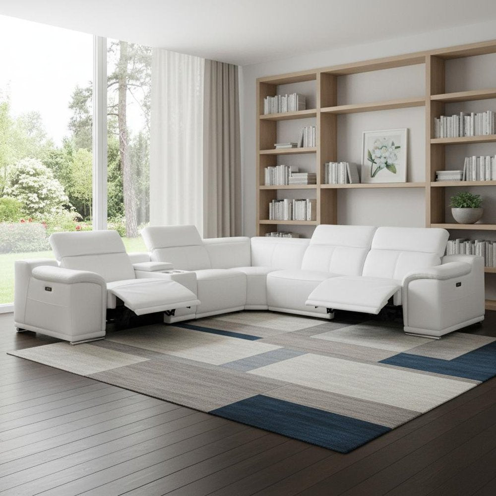 White Italian Leather Power Reclining U Shaped Six Piece Corner Sectional With Console HomeRoots