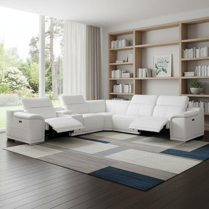 White Italian Leather Power Reclining U Shaped Six Piece Corner Sectional With Console HomeRoots