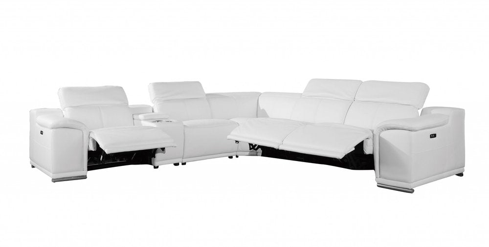 White Italian Leather Power Reclining U Shaped Six Piece Corner Sectional With Console HomeRoots