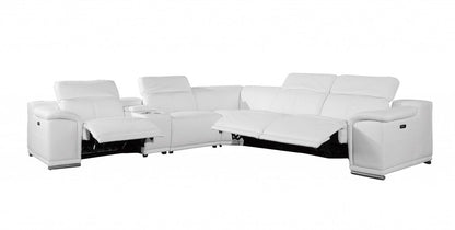 White Italian Leather Power Reclining U Shaped Six Piece Corner Sectional With Console HomeRoots