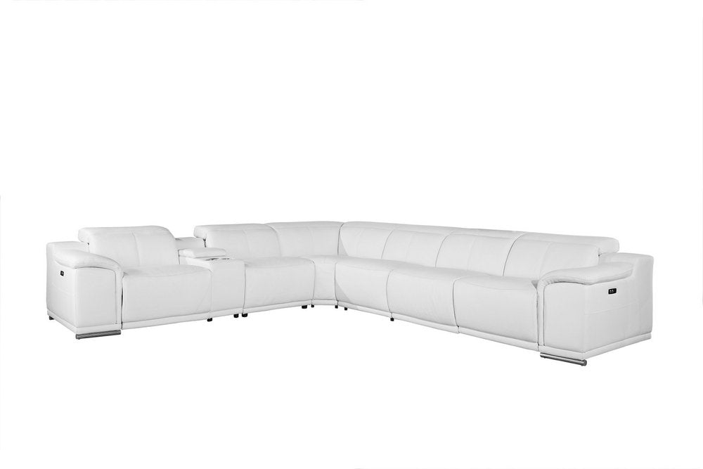White Italian Leather Power Reclining U Shaped Seven Piece Corner Sectional With Console HomeRoots