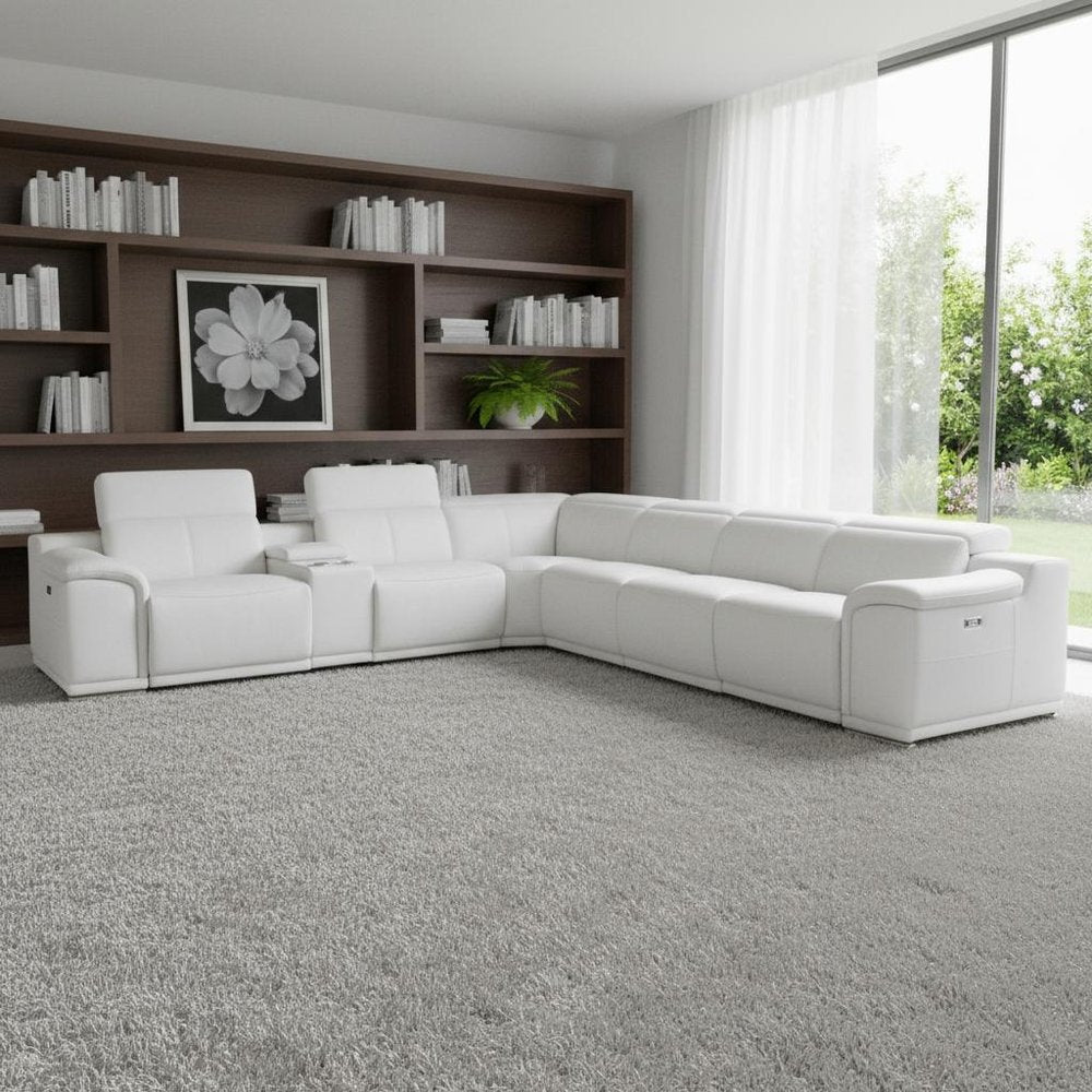 White Italian Leather Power Reclining U Shaped Seven Piece Corner Sectional With Console HomeRoots