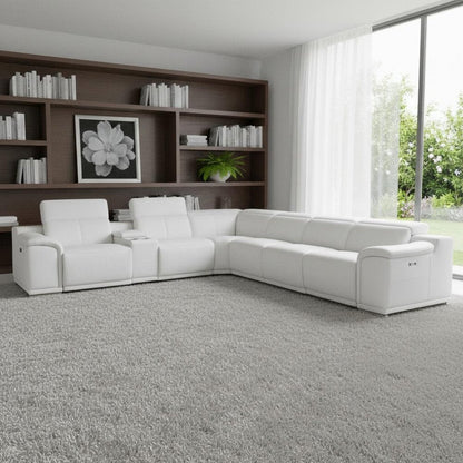 White Italian Leather Power Reclining U Shaped Seven Piece Corner Sectional With Console HomeRoots