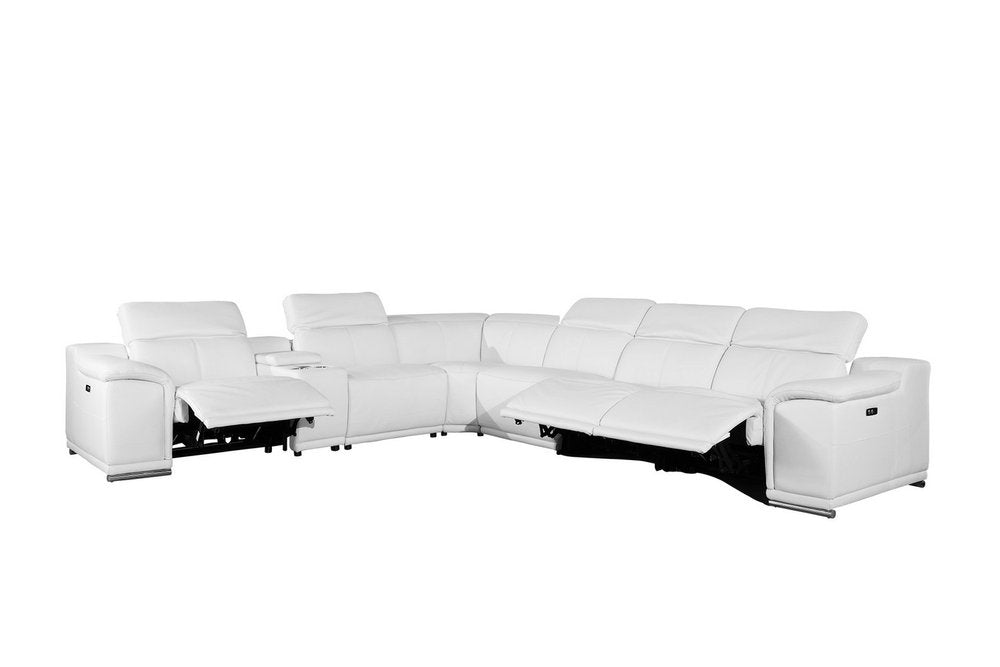 White Italian Leather Power Reclining U Shaped Seven Piece Corner Sectional With Console HomeRoots