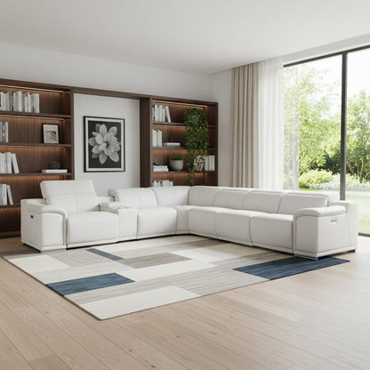White Italian Leather Power Reclining U Shaped Seven Piece Corner Sectional With Console HomeRoots