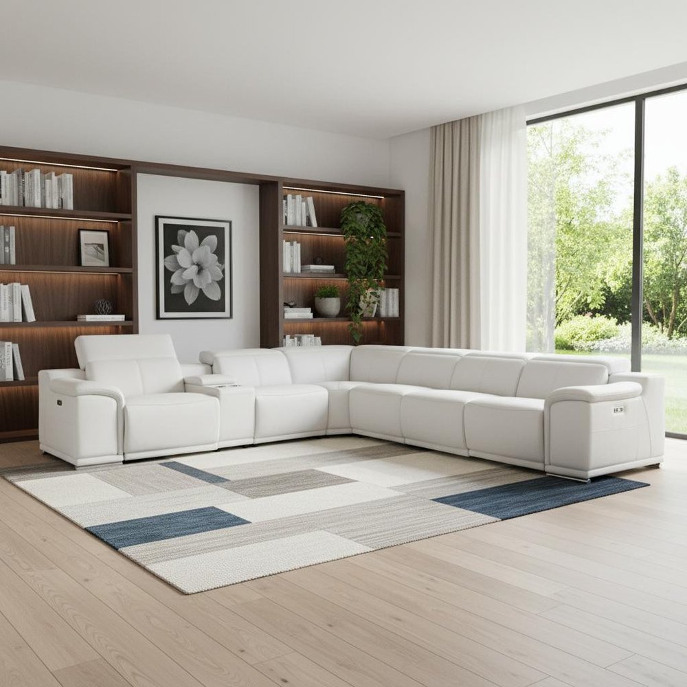 White Italian Leather Power Reclining U Shaped Seven Piece Corner Sectional With Console — view 6