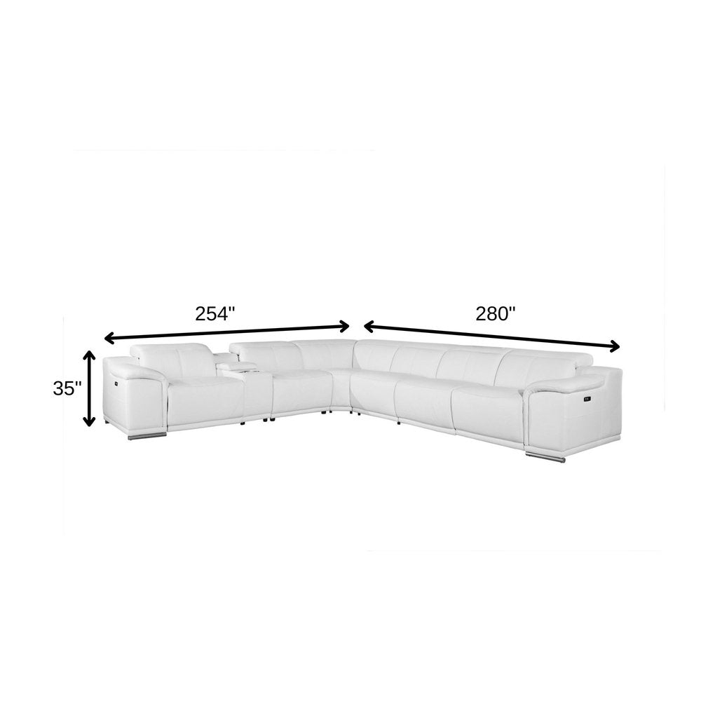 White Italian Leather Power Reclining U Shaped Seven Piece Corner Sectional With Console HomeRoots