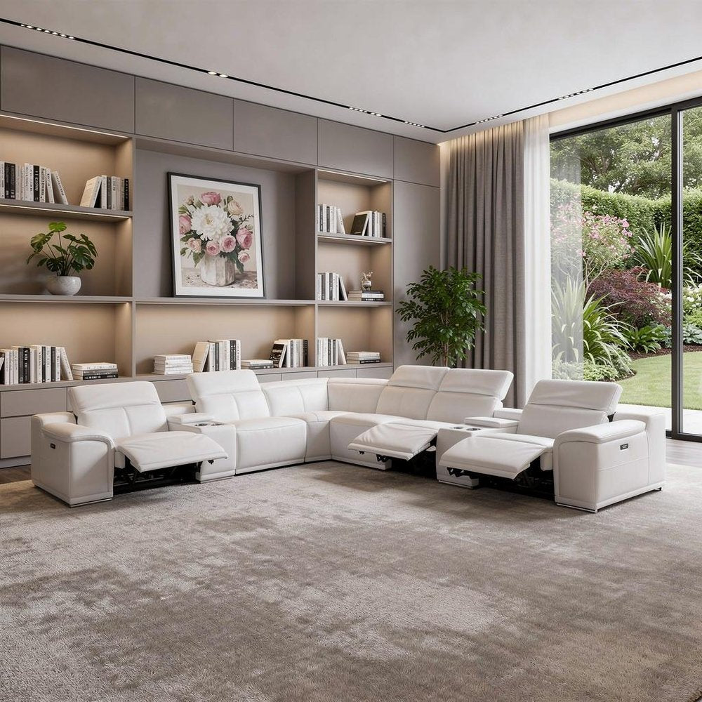 White Italian Leather Power Reclining U Shaped Eight Piece Corner Sectional With Console HomeRoots