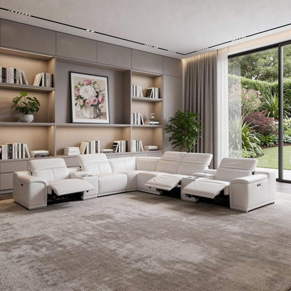 White Italian Leather Power Reclining U Shaped Eight Piece Corner Sectional With Console HomeRoots