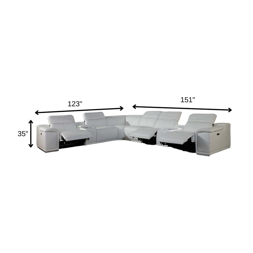 White Italian Leather Power Reclining U Shaped Eight Piece Corner Sectional With Console HomeRoots