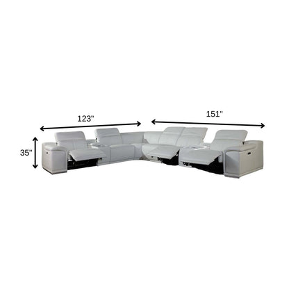 White Italian Leather Power Reclining U Shaped Eight Piece Corner Sectional With Console HomeRoots