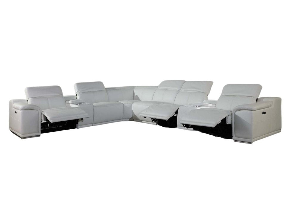 White Italian Leather Power Reclining U Shaped Eight Piece Corner Sectional With Console HomeRoots
