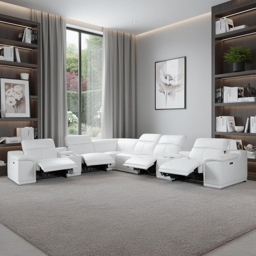 White Italian Leather Power Reclining U Shaped Eight Piece Corner Sectional With Console HomeRoots